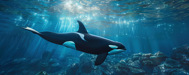 Obraz premium Killer Whale swimming underwater under sea life with sunbeams 