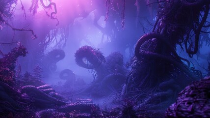 Enchanted Halloween Forest with Mysterious Glowing Lights and Twisted Trees in a Spooky Atmosphere