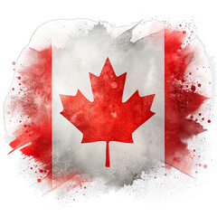 A watercolor painting of the Canadian flag with a textured, splatter effect. Generative AI