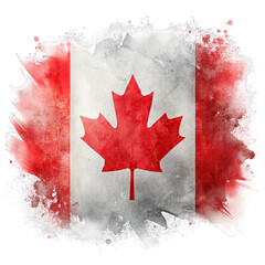 A stylized, ink-splattered depiction of the Canadian flag on a black background. The flag is rendered in a grunge style, with a textured effect. Generative AI