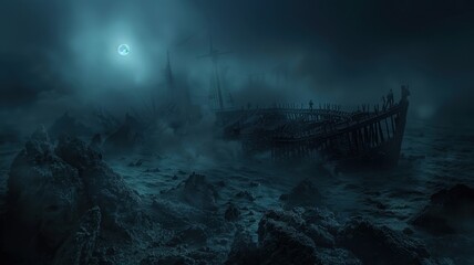 Naklejka premium Eerie Shipwreck Under Moonlit Sky with Fog and Ghostly Figures - Perfect for Halloween Themes and Spooky Atmospheres