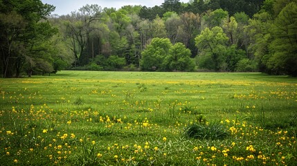 A picturesque field featuring an array of yellow flowers dotting the lush green grass, with a spring park in the background showing subtle patches of melting snow; the scene transitions into a forest