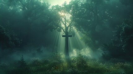 A vibrant design featuring light beams forming crosses in a misty forest at dawn. The rays of light pierce through the fog and trees, creating an ethereal and serene scene.