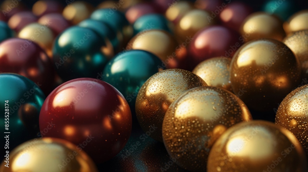 Poster an abstract background featuring shiny, colored balls with a 3d gold metallic finish