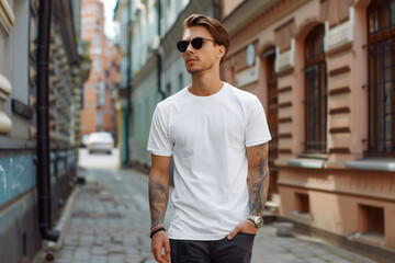 Young hipster male wearing a white t-shirt on a city street during the day, ideal for design print mockup