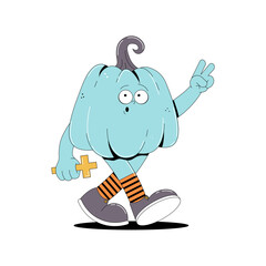Groovy retro Happy Halloween character. Funky walking blue pumpkin with spooky and skary face in trendy vintage 60s, 70s style. Horror and fear vector illustration on transparent background