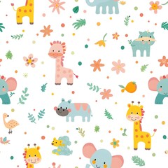 Cute Animal themed Patterns with Floral Elements on White Background for Baby Nursery and