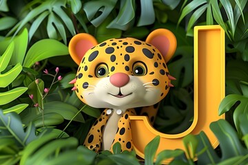 Cute Cartoon Jaguar in Vibrant Rainforest with Letter J for Kids Decor or