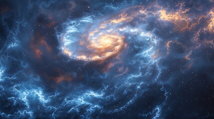 An abstract design featuring hypnotic spirals against a deep blue galaxy background, suggesting vastness and mystery. The spirals blend seamlessly with the starry backdrop and glowing nebulae