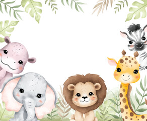 Watercolor Illustration Safari Animals and Tropical Leaves Frame