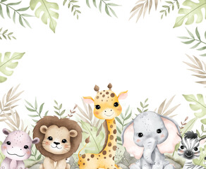 Watercolor Illustration Safari Animals and Tropical Leaves Frame © Stella