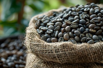 Obraz premium Sack of Unroasted Green Coffee Beans Revealing the Raw Essence of the Beverage