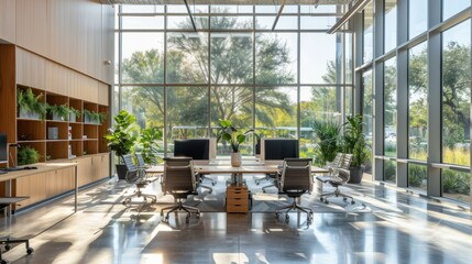 Modern open-plan office space with sleek desks and ergonomic chairs bathed in natural light from large windows Green plants add a touch of nature while collaborative workstations promote teamwork and