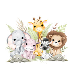 Watercolor Illustration Safari Animals and Tropical Leaves