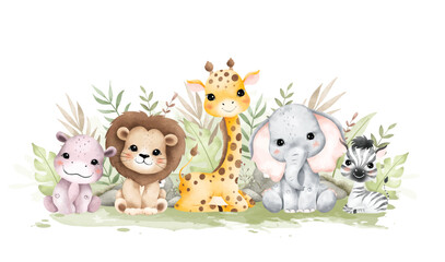 Watercolor Illustration Safari Animals and Tropical Leaves © Stella
