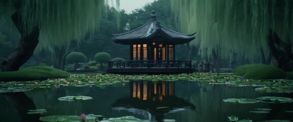 Surreal dreamlike illustration of a Japanese tea house