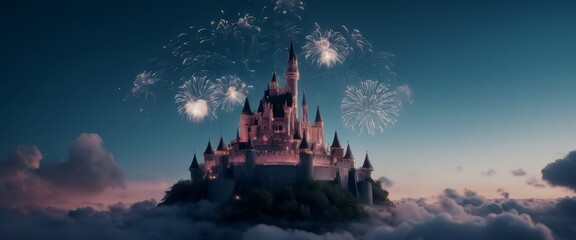 Ethereal Floating castle amongst the clouds ethereal fireworks