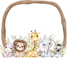 Naklejka premium Watercolor Illustration Safari Animals and Wooden Frame