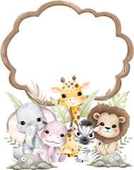 Watercolor Illustration Safari Animals and Wooden Frame