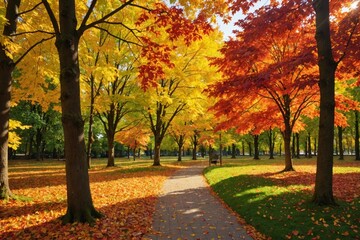 Naklejka premium Beautiful autumn doliage landscape, Maple leaves turn yellow, orange and red.