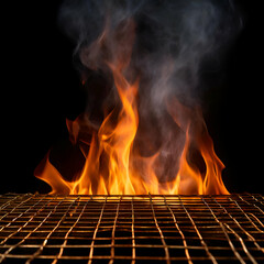  empty fire grid on a black background. The composition should highlight the intense flames and grid pattern, emphasizing contrast and energy