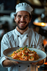 Portrait of a Male Chef Proudly Holding a Plate of Shrimp Carbonara in Classic Chef's Uniform