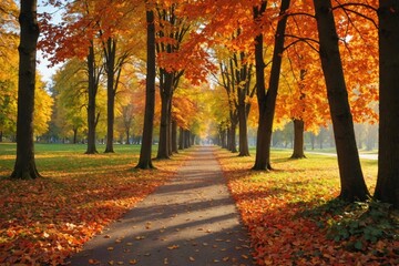 Autumn forest path. Orange color tree, red brown maple leaves in fall city park, Bright  morning sunlight view.