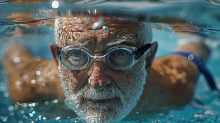 Old man exercising by swimming, healthy concept