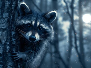 Curious Raccoon Peeking from Moonlit Forest with Reflective Eyes