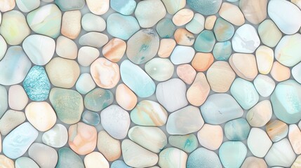 Close-up of multicolored smooth pebbles creating a seamless, vibrant pattern. Ideal for nature-themed designs and backgrounds.
