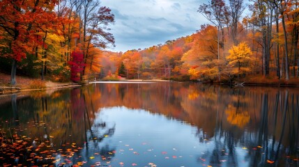Obraz premium Vibrant Autumn Foliage Reflected in Tranquil Pond Surrounded by Trees