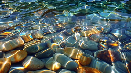 Fototapeta premium Scenic view of beautiful pebbles shining underwater by sunlight , crystal clear transparent water