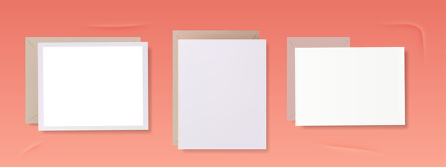 Set of office documents. Paper pages with envelope. Set of letterheads. Blank office documents. List, vertical white sheets, stationery. Pages for business notes, letters, notifications, messages. Vec