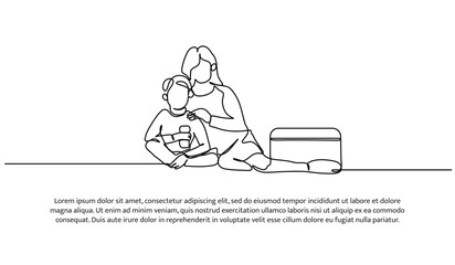 Continuous one line design of picnic with mother.Minimalist style vector illustration on white background.
