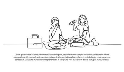 Continuous one line design of picnic with older sister.Minimalist style vector illustration on white background.