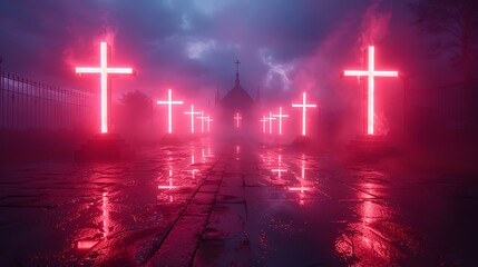 An abstract design of neon crosses on a foggy, gothic-inspired background. The glowing crosses stand out against the dark, misty backdrop, enhancing the gothic and mysterious feel.