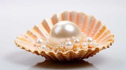 A pearl is inside a shell, with a few other pearls scattered around it