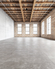 Empty warehouse building interiors in neutral tones with ample copy space. Concept image on commerce, stock, storage and industrial businesses.