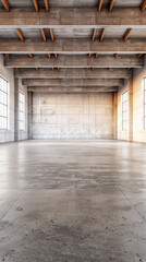 Empty warehouse building interiors in neutral tones with ample copy space. Concept image on commerce, stock, storage and industrial businesses.