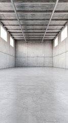 Empty warehouse building interiors in neutral tones with ample copy space. Concept image on commerce, stock, storage and industrial businesses.
