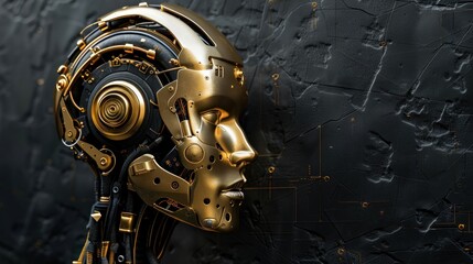 3d cyberpunk cyborg human robot head close-up with gold color and metal background