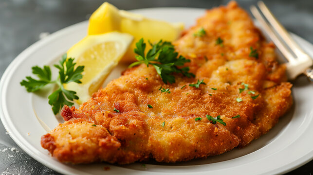 Crispy breaded wiener schnitzel with parsley and lemon