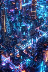 Obraz premium A hologram aerial view of a futuristic city illuminated with vibrant neon lights, showcasing advanced architecture and technology in a mesmerizing and high-tech urban landscape