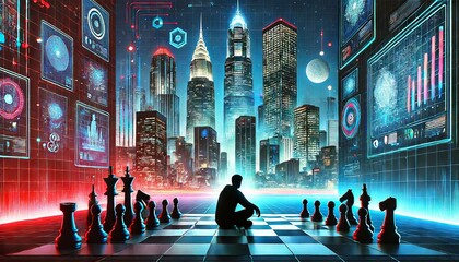 Obraz premium Silhouette of a Man on a Chessboard in a Futuristic City