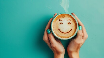 Closeup of a woman hands with blue nail paint , Holding a cup of coffee with a smiley face topping on blue table