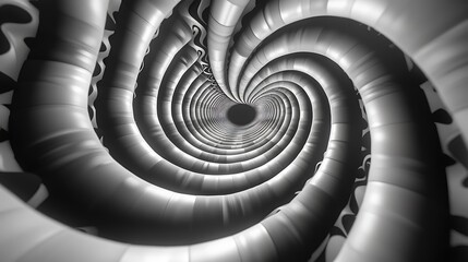 An artistic depiction of black and white optical illusion spirals, creating a sense of depth and movement. The intricate spirals and sharp contrasts enhance the optical illusion effect