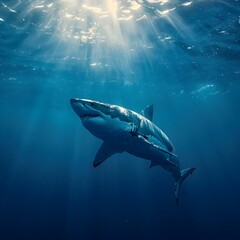 Fototapeta premium Majestic Great White Shark Gliding Just Below the Ocean Surface