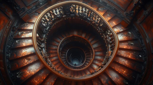 An abstract view of spiral staircases from above, showcasing a vintage architectural style. The staircases feature ornate railings and aged wooden steps, evoking the charm of classic design