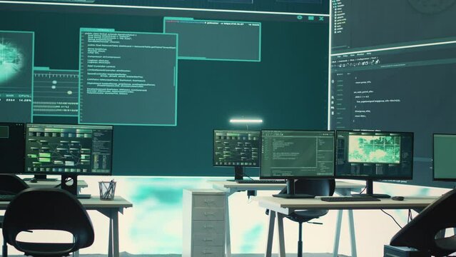 High tech governmental cyber security room without staff at work. Preventing cyber threats, phishing attacks and data breaches with advanced network security and digital protection. Camera A.