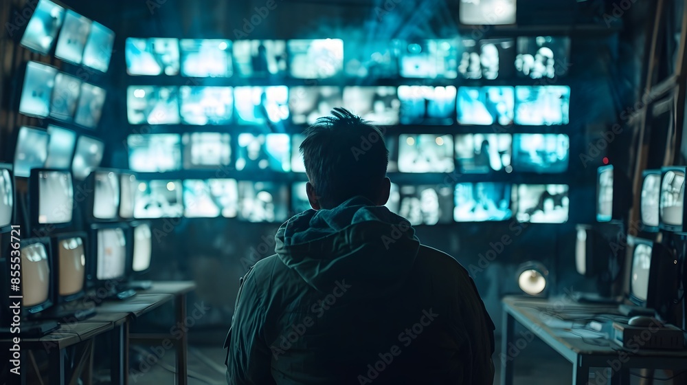 Poster hacker monitoring live surveillance feeds to coordinate synchronized cyber attack